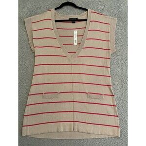 August Silk Pink Taupe Tunic V-Neck  Size Large  NEW Faux Pockets Stripes